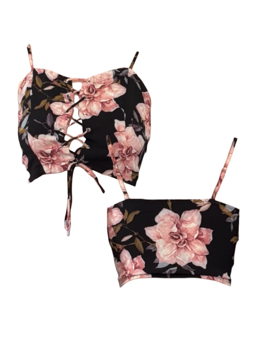 Fashion Nova Black Floral Lace-Up Crop Top with Pink Blooms